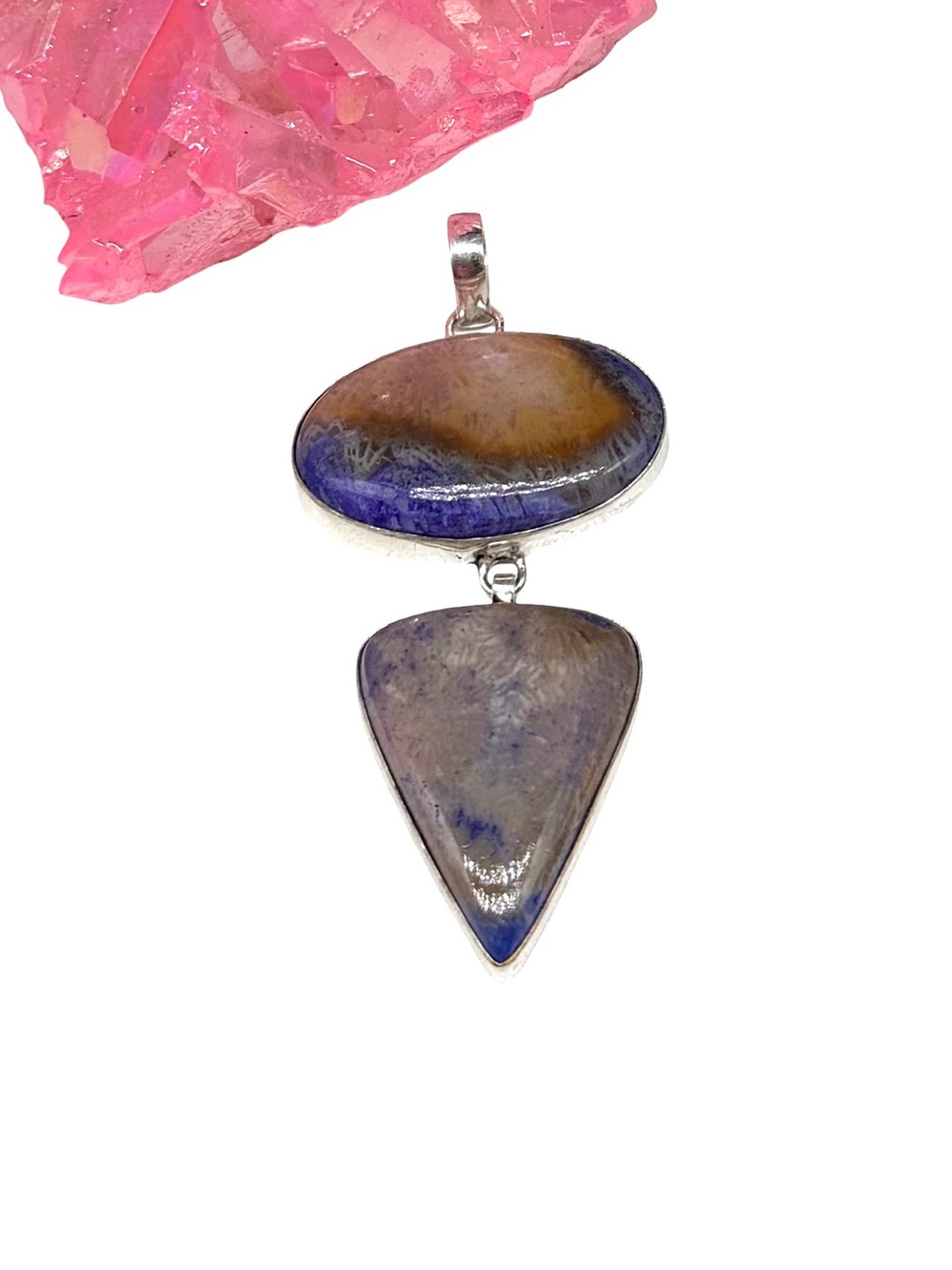 Purple Fossil Coral Necklace Pendant 925 Sterling Silver Overlay